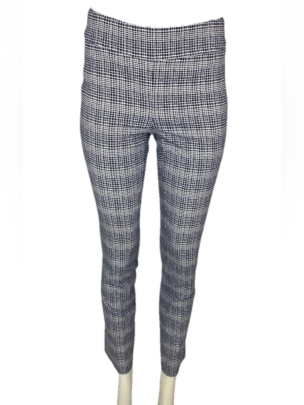 J. McLaughlin Sz 4 Windowpane Print Pull On Skinny Stretchy Jersey Pants Blue